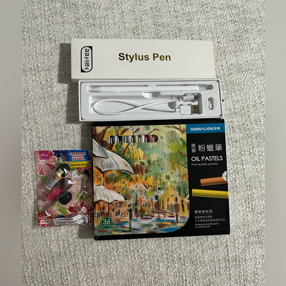 Stylus pen, oil pastels, japanese puzzle eraser